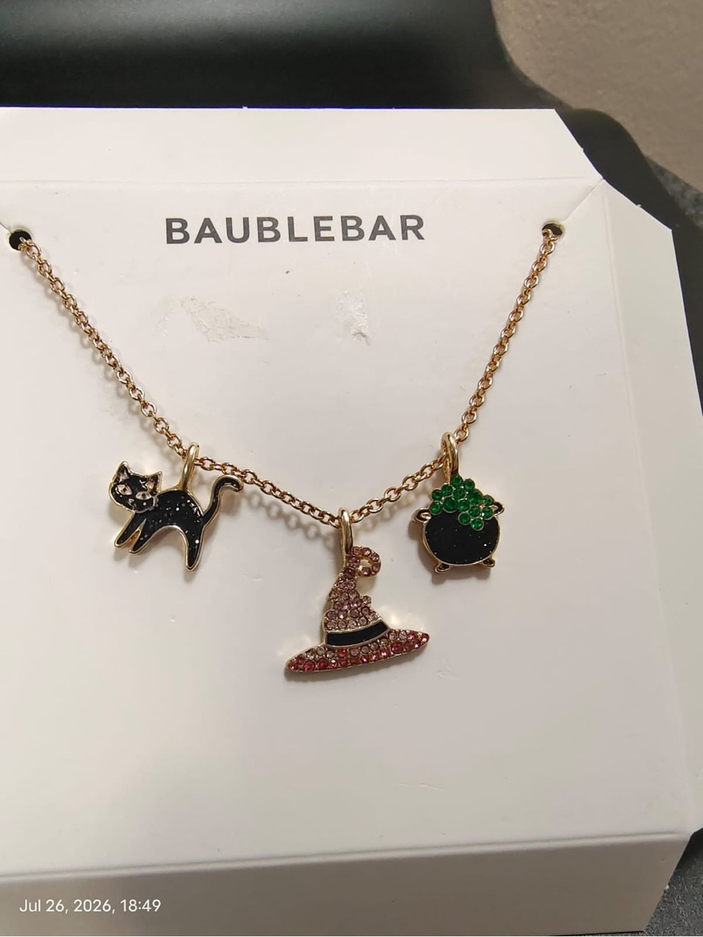 NWOBBaubleBar Gold-Tone Halloween Charm Necklace - Black Cat, Witch Hat, Cauldro